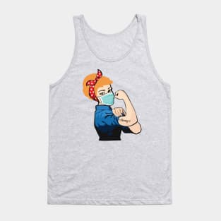 Pin Up Girl Blonde Hair Wearing Mask with Strong Tattoo Tank Top